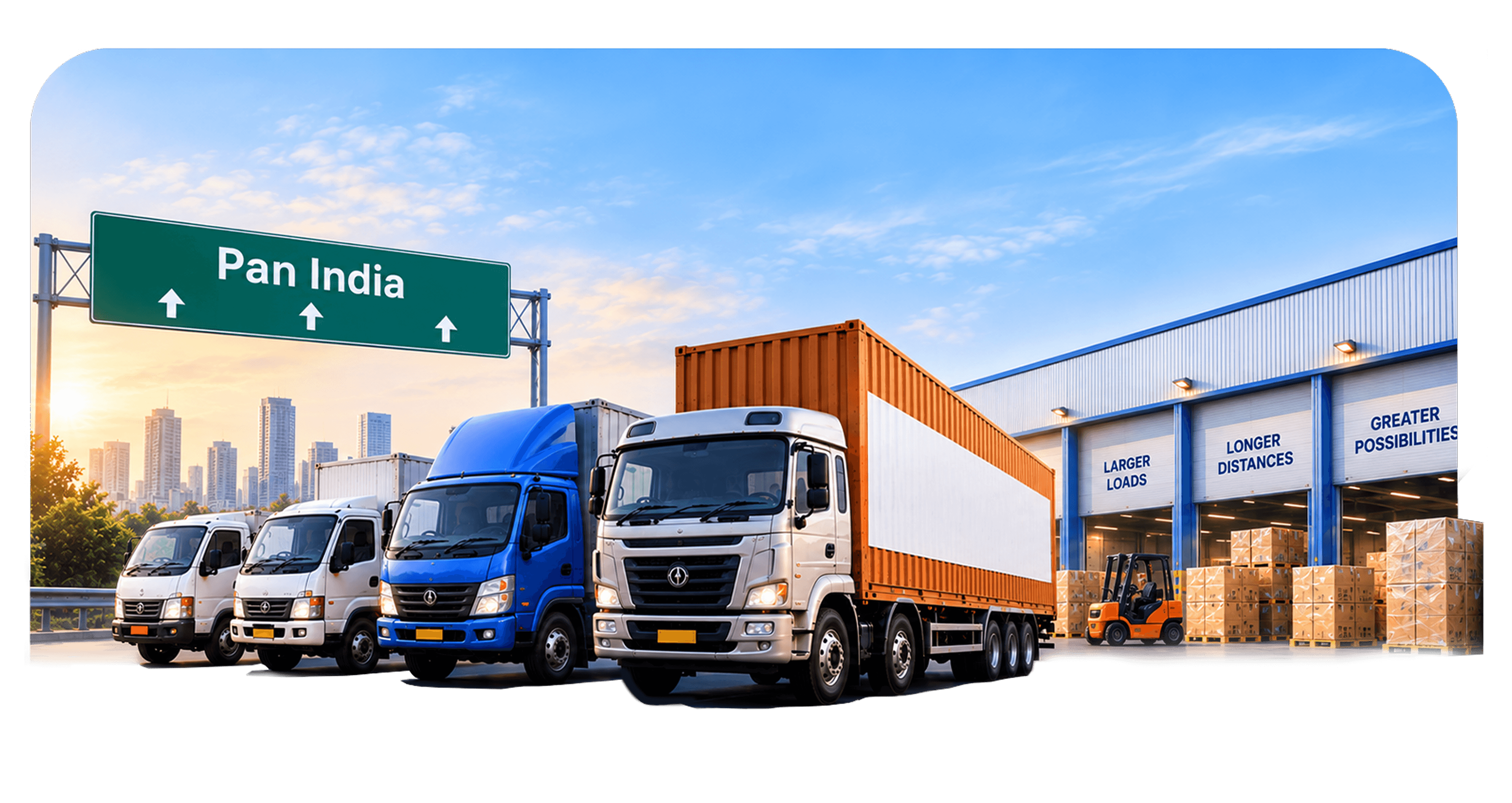 A fleet of ShipBulk trucks on a Pan India highway beside a loading warehouse