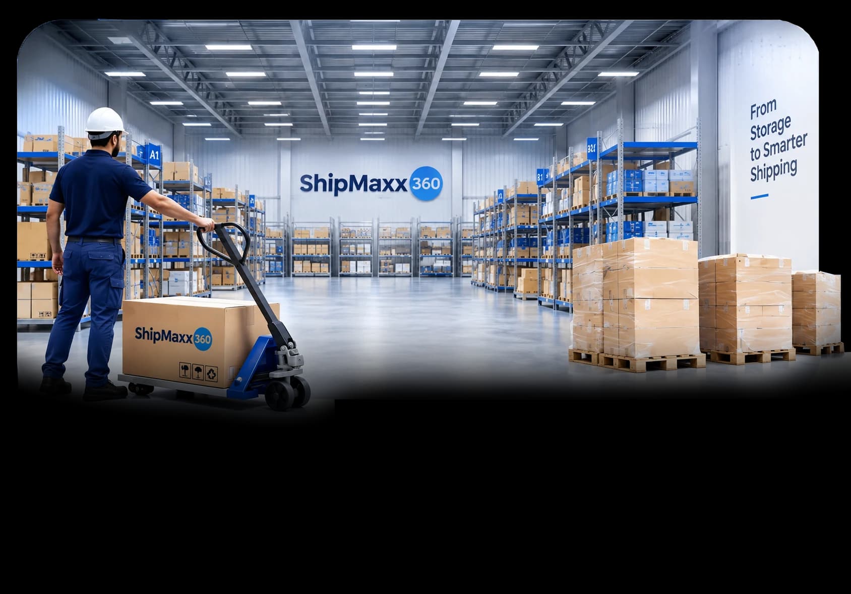 A ShipMaxx360 warehouse with stocked racks, palletised cartons and a worker moving a parcel on a pallet jack